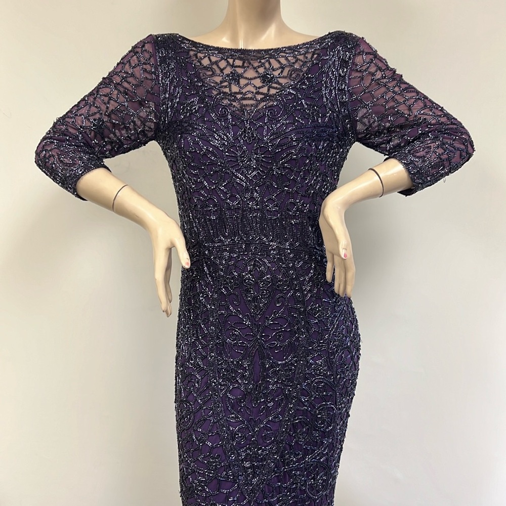 Theia beaded 3/4 sleeves V-Back dressy dress